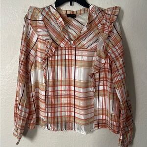 Current Air Anthropologie Sheer Plaid Ruffle Blouse in Size M